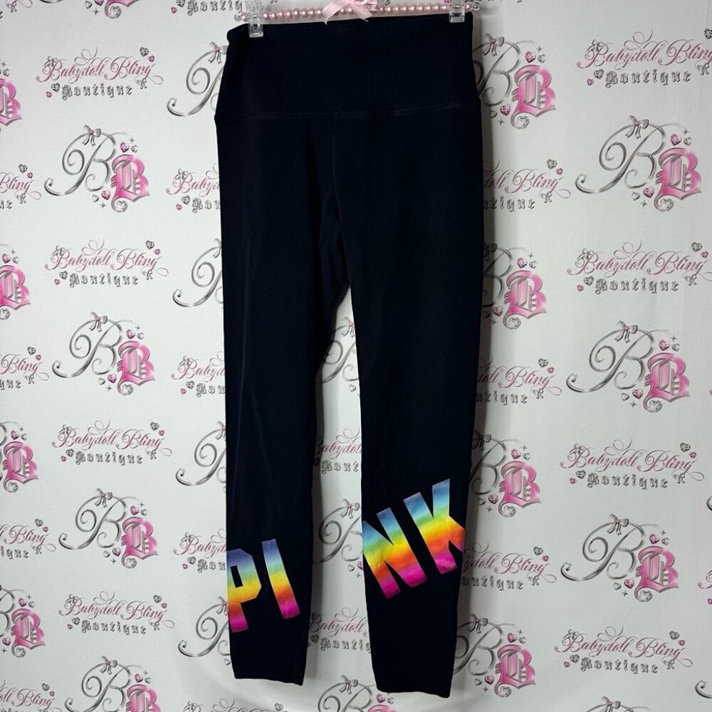 PINK Victoria's Secret Black and Pink Leggings with Stretchy Fit rainbow logo